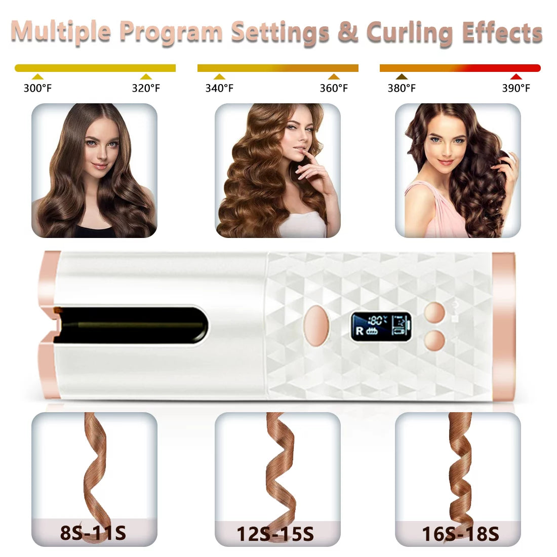Cordless Curling Iron with Automatic Rotation – USB Rechargeable Curling Wand for Travel, 3 Heat Settings & Anti-Scald, 1” Barrel (Pink)