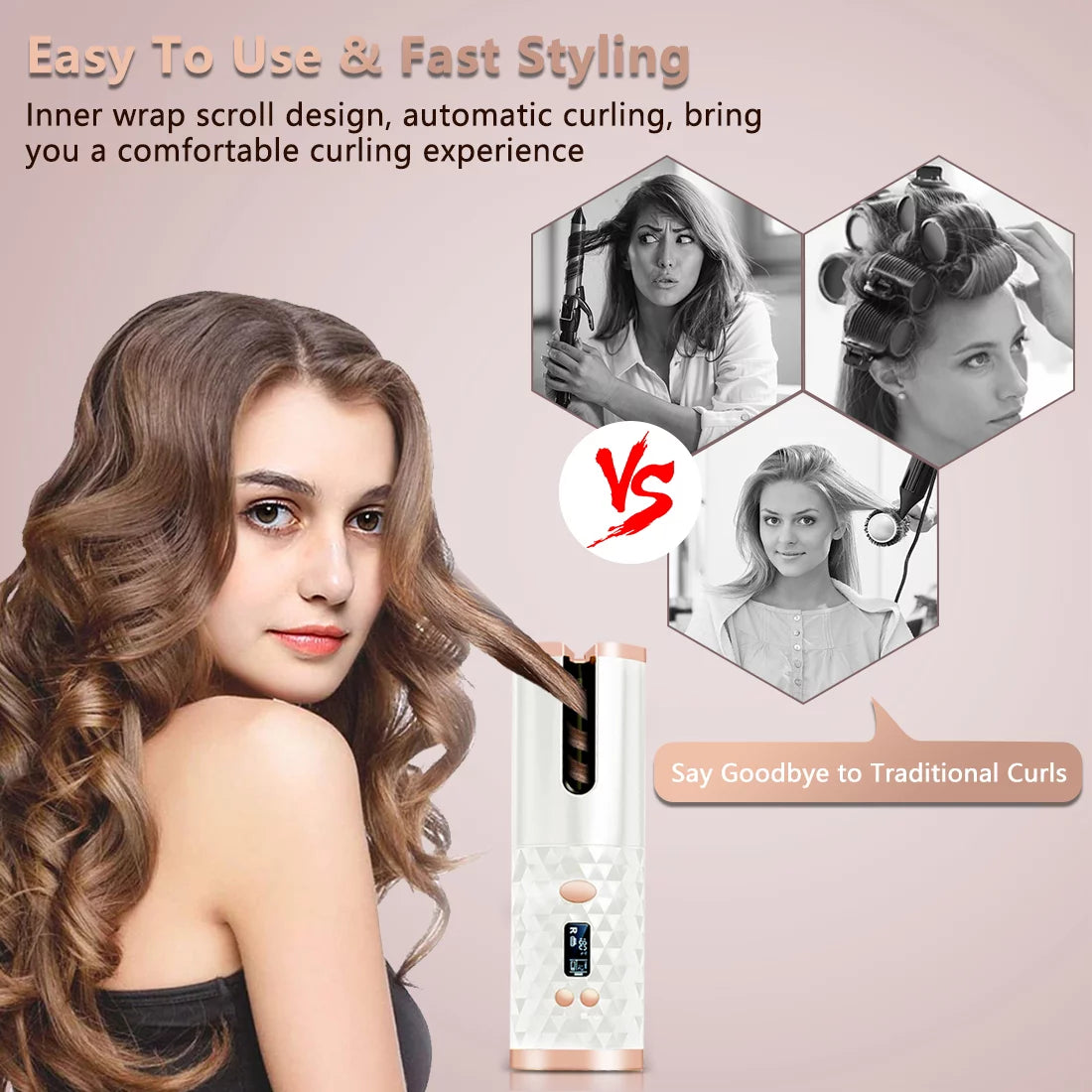 Cordless Curling Iron with Automatic Rotation – USB Rechargeable Curling Wand for Travel, 3 Heat Settings & Anti-Scald, 1” Barrel (Pink)