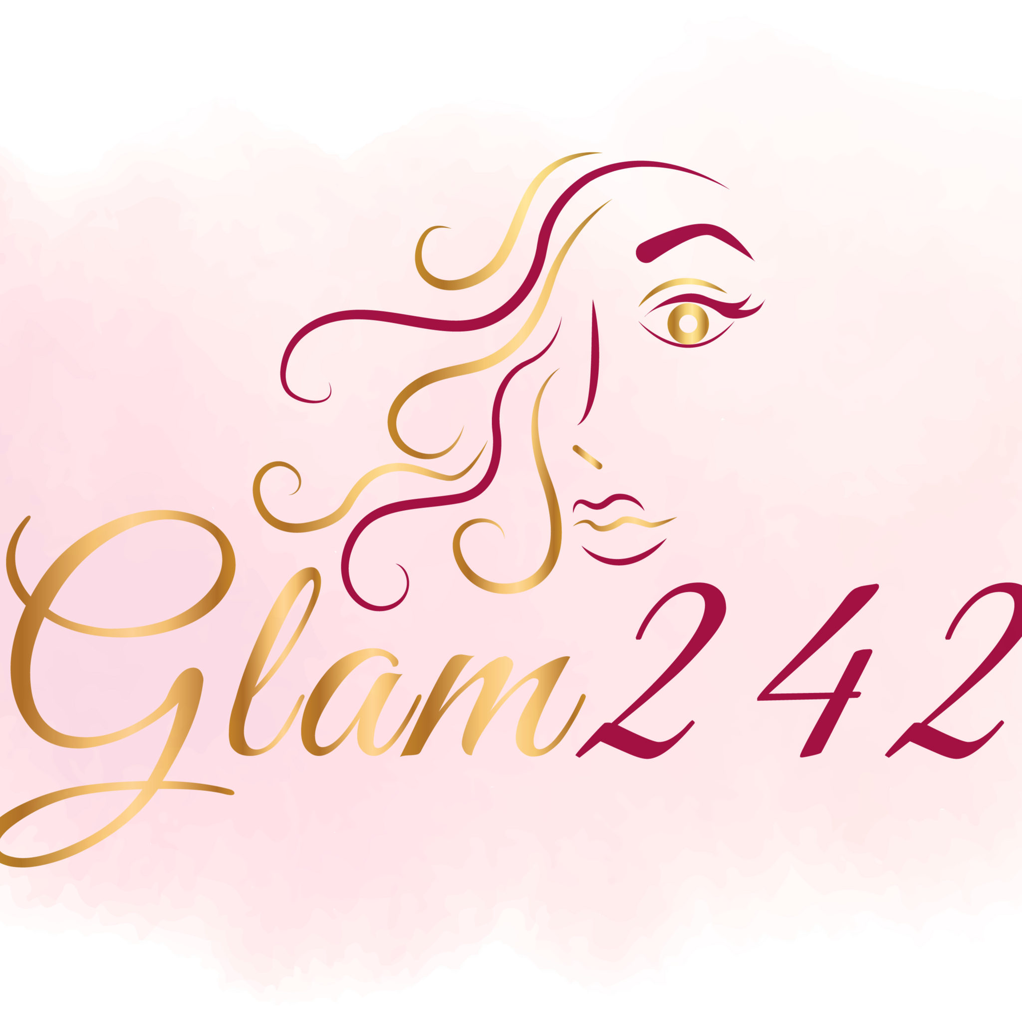 Stylized logo of Glam242 featuring a woman’s face, elegant text, and a pink watercolor background.