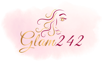 Stylized logo of Glam242 featuring a woman’s face, elegant text, and a pink watercolor background.