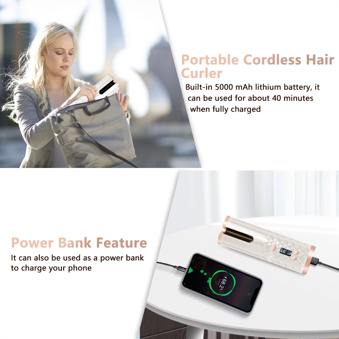 Cordless Curling Iron with Automatic Rotation – USB Rechargeable Curling Wand for Travel, 3 Heat Settings & Anti-Scald, 1” Barrel (Pink)